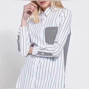 Lyssé Black and White Schiffer Contrast Stripe Pinstripe Laser Cut Shirt